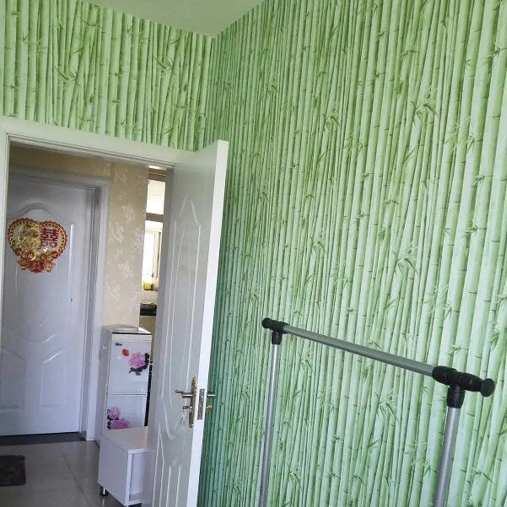 Peel-and-stick vinyl bamboo wallpaper in deep greens – shown in a room setting (2)