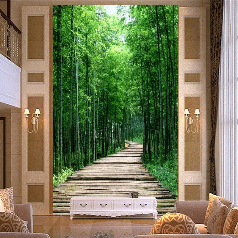 3D trompe-l'oeil bamboo forest paper wallpaper – shown in a room setting (2)