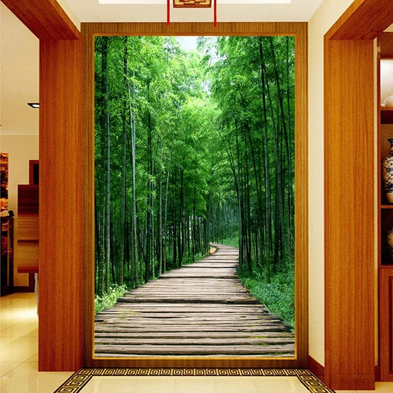 3D trompe-l'oeil bamboo forest paper wallpaper – shown in a room setting