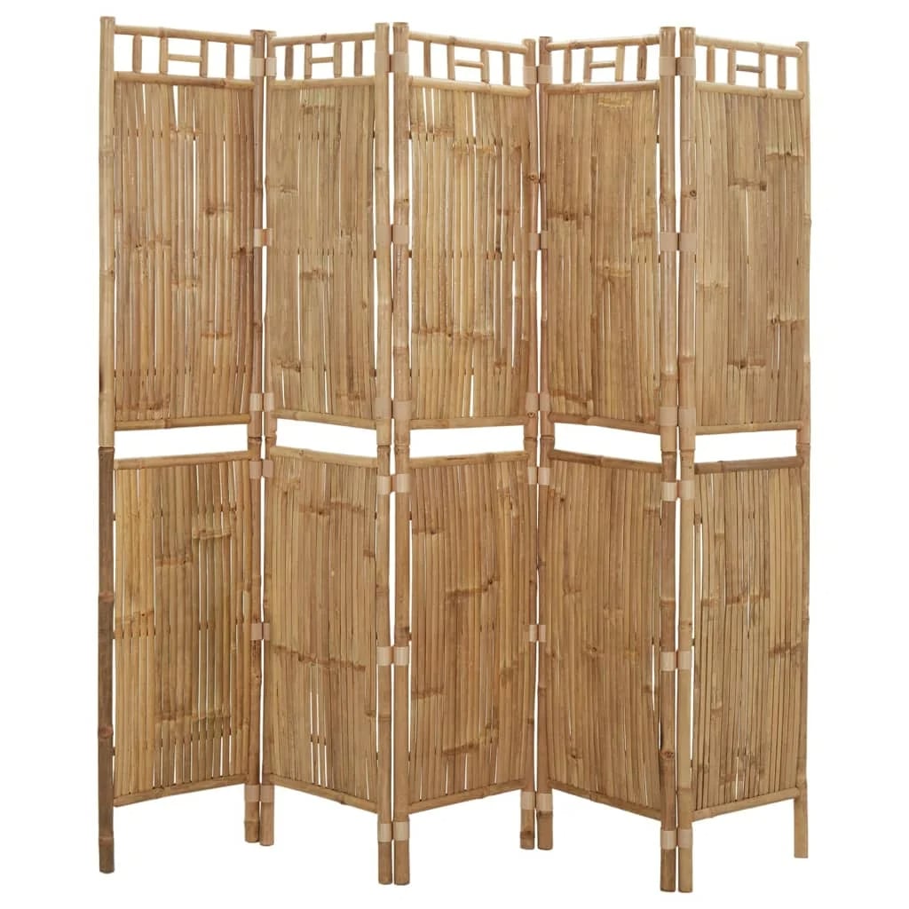 Five-panel folding bamboo room divider with evenly spaced slats