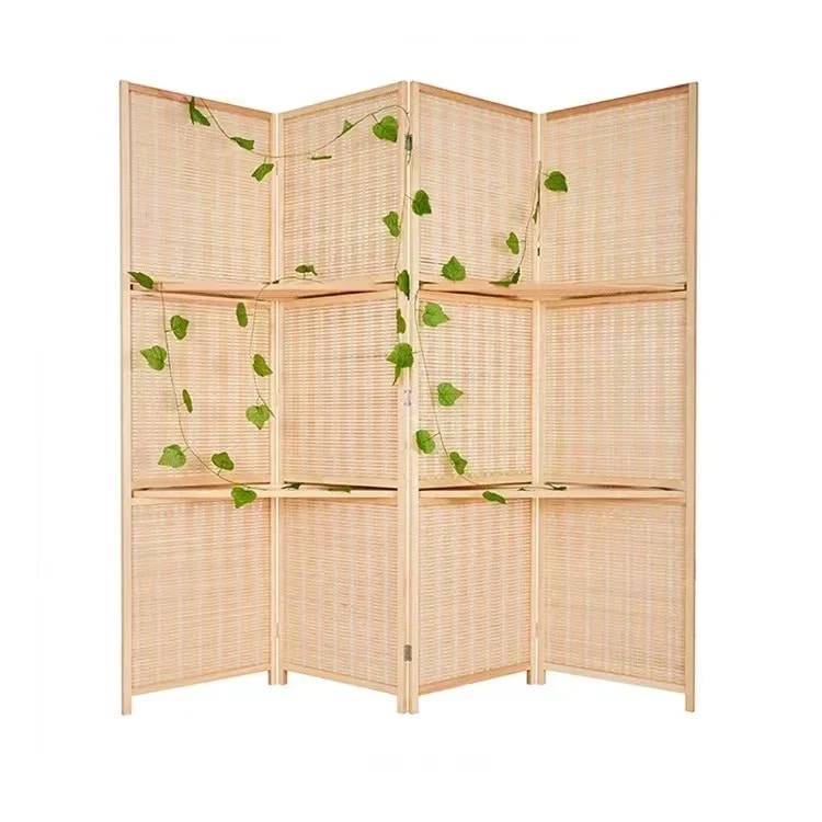 Woven bamboo room divider with integrated shelves