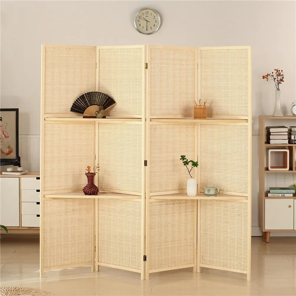 Four-panel woven bamboo room divider with a honeycomb pattern – shown in a room setting