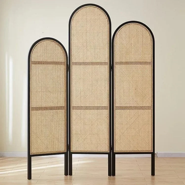 Three-panel handwoven rattan room divider with even interlacing – shown in a room setting