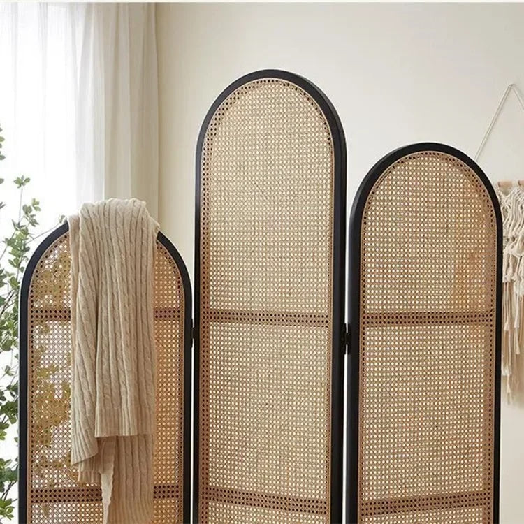 Three-panel handwoven rattan room divider with even interlacing – shown in a room setting (2)