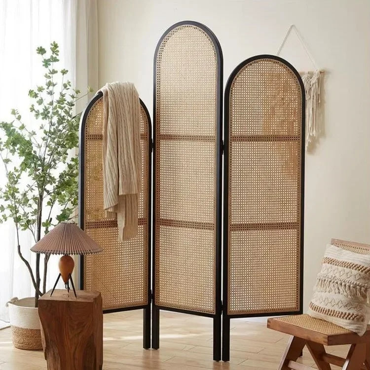 Three-panel handwoven rattan room divider with even interlacing – shown in a room setting (3)