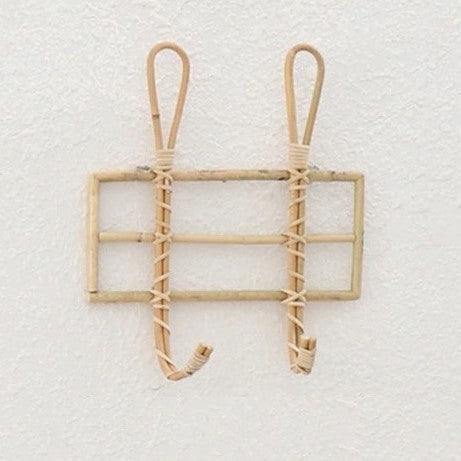 Rustic natural rattan wall rack with two hooks – another view