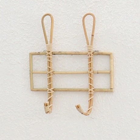 Rustic natural rattan wall rack with two hooks