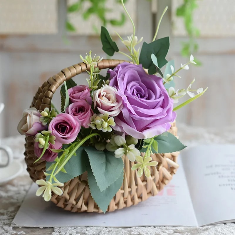 Small half-moon wicker-look basket with a braided handle – shown in a room setting (2)