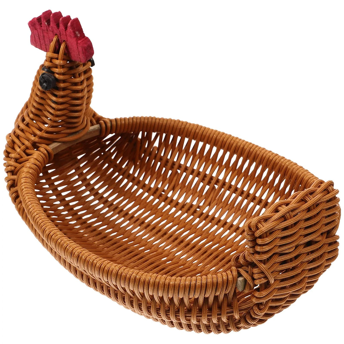 Small hen-shaped wicker-look basket with crest and beak details
