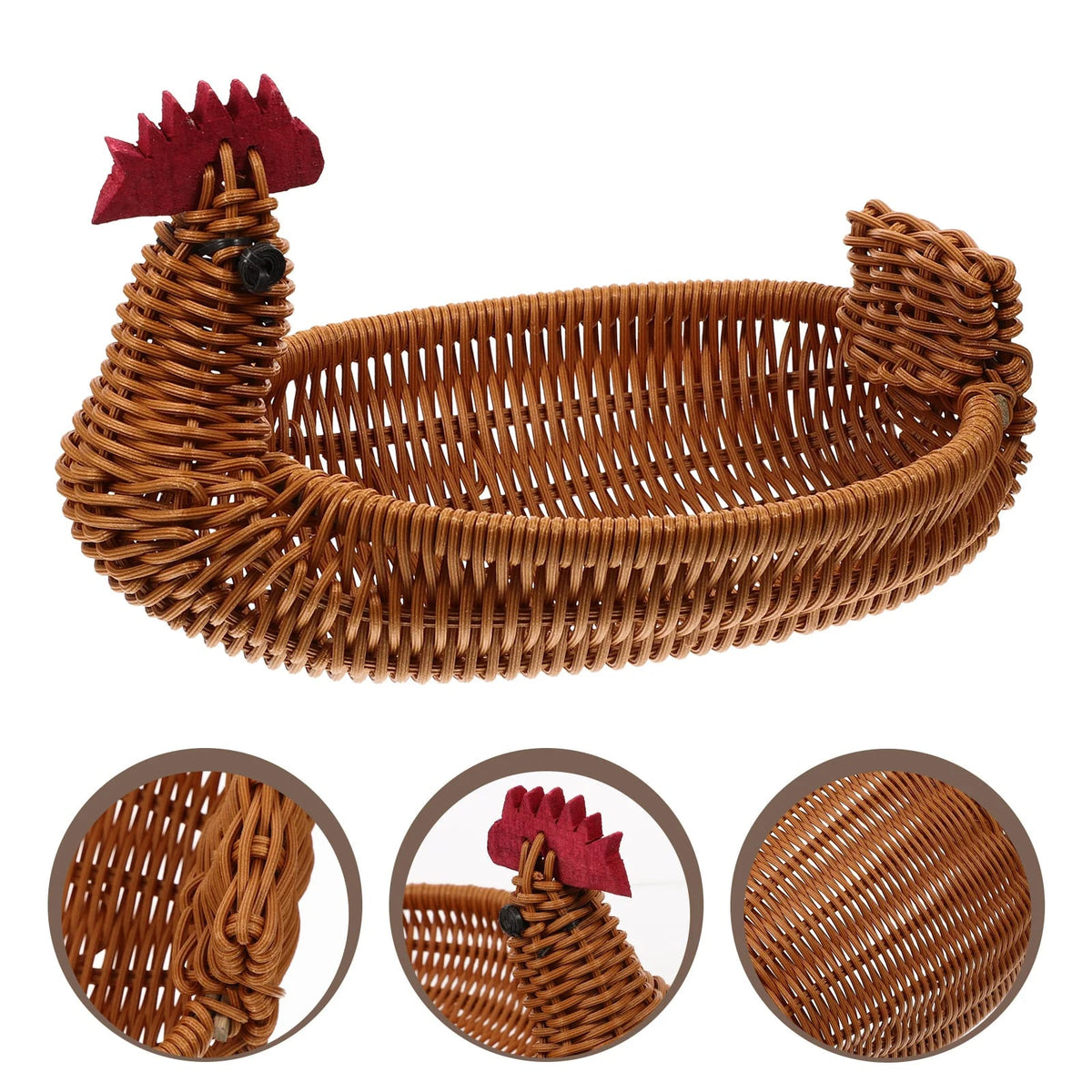Small hen-shaped wicker-look basket with crest and beak details – multiple views