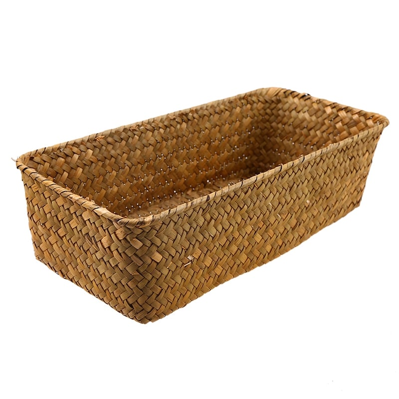 Small rectangular rattan storage basket with neatly worked edges – yellow variant, another view