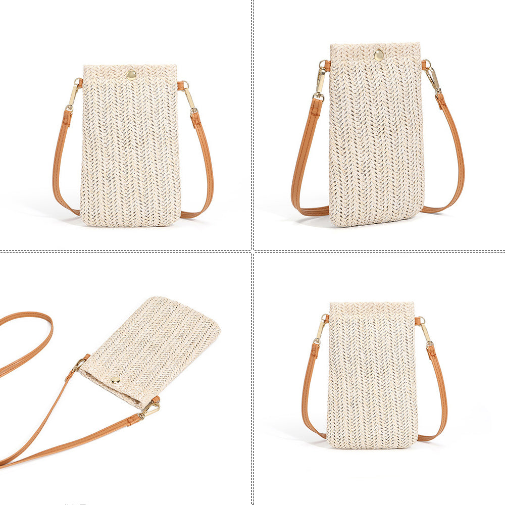 Small round beige rattan crossbody bag – multiple views