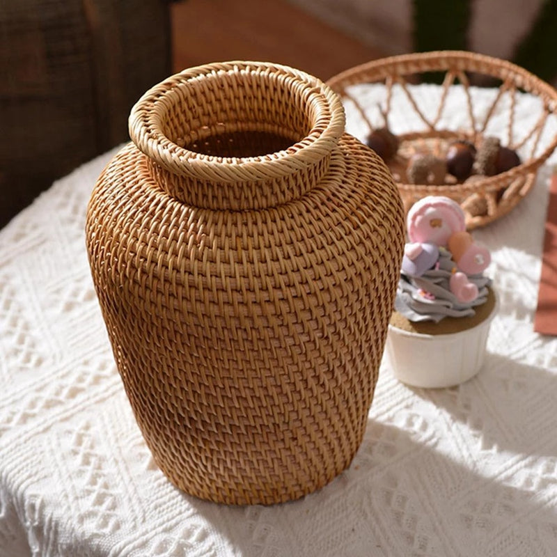 Small slender hand-braided wicker and rattan vase – another view