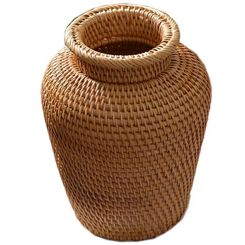 Small slender hand-braided wicker and rattan vase