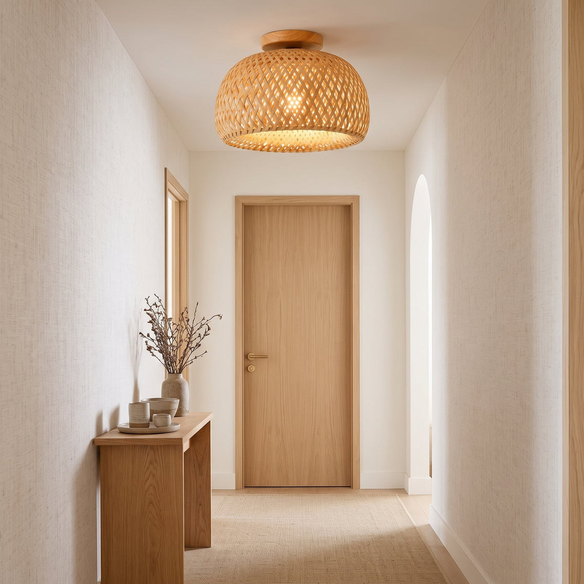 Woven bamboo dome flush mount light on a solid wood canopy – shown in a room setting (3)