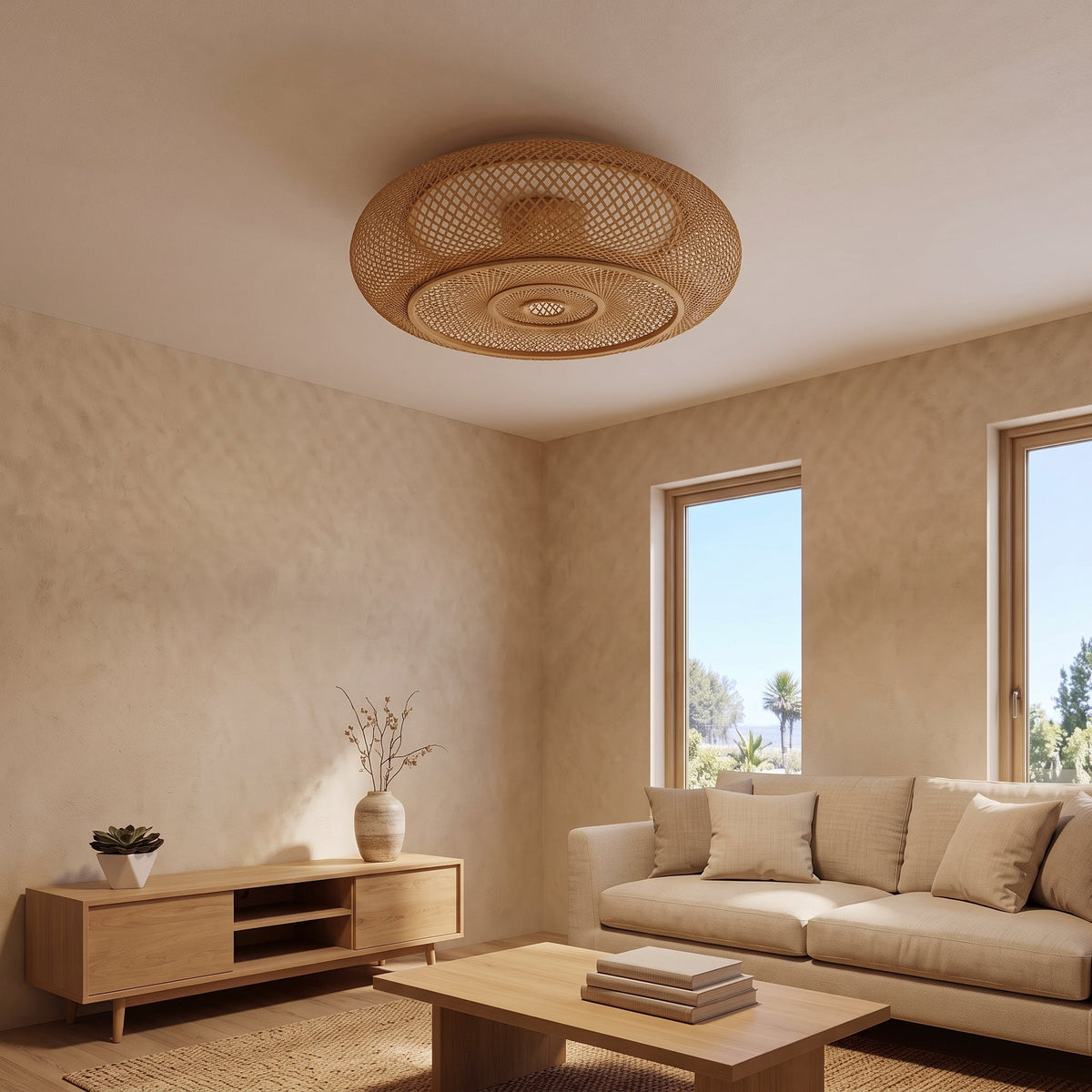Large flat woven bamboo lantern ceiling light – shown in a room setting