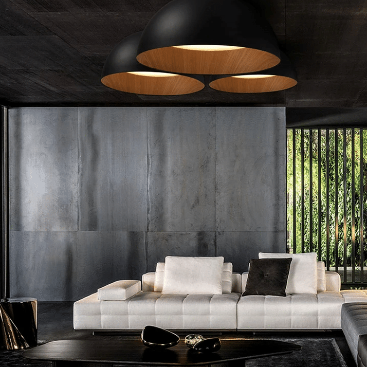 Japanese-style wood slat LED ceiling light – shown lit in a room setting