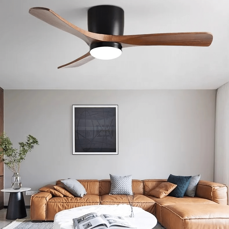 Nordic natural wood LED ceiling light with fan blades – shown in a room setting