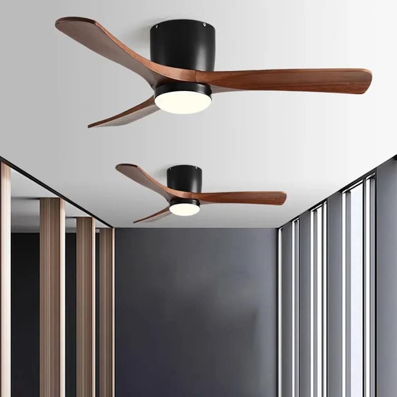 Nordic natural wood LED ceiling light with fan blades – shown in a room setting (3)