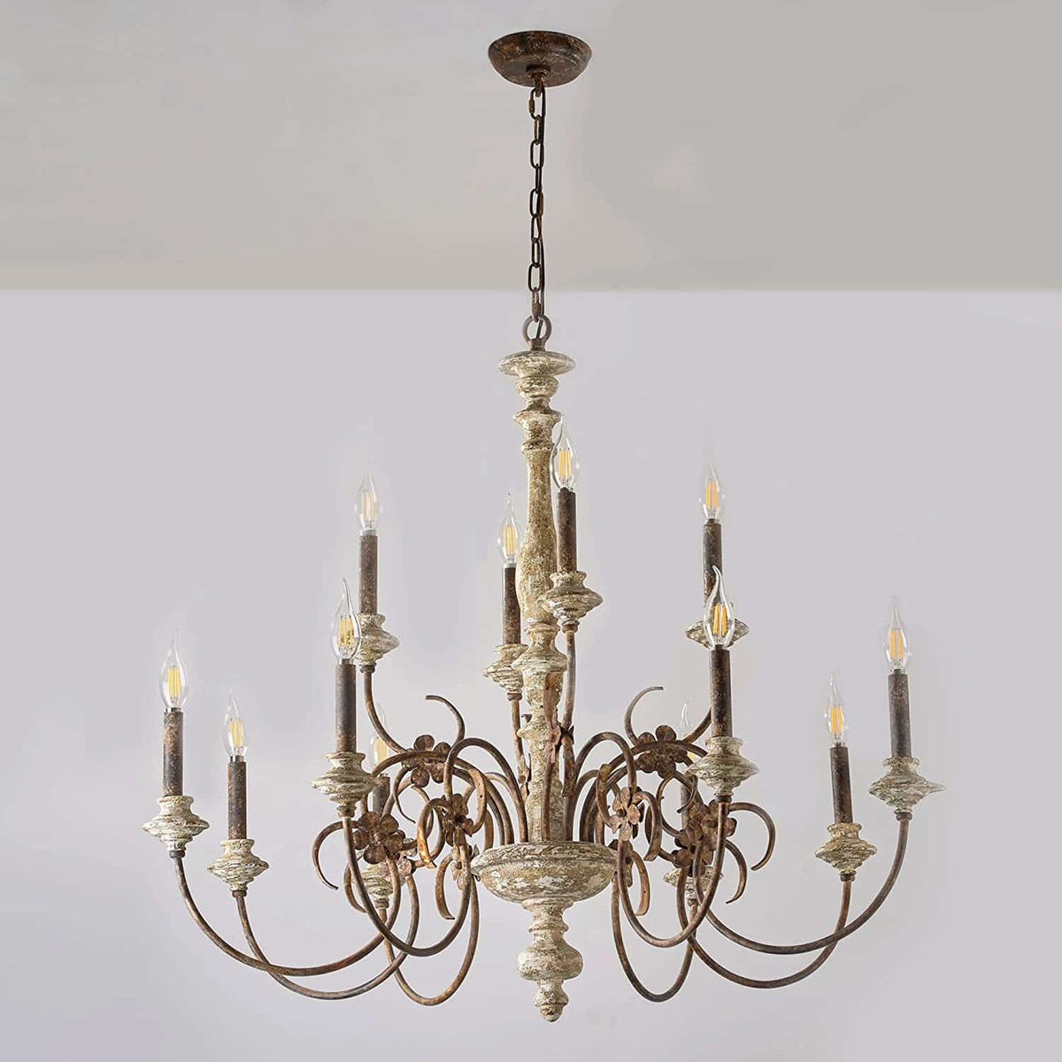 Wood and wrought iron candle-style LED ceiling light