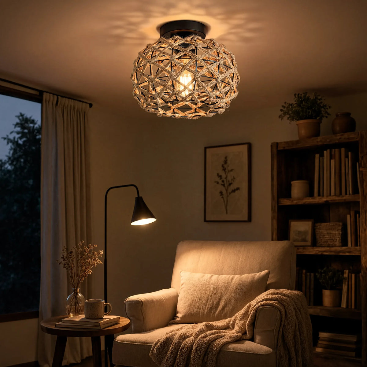 Symi knotted hemp rope dome ceiling light on a black steel frame – shown in a room setting