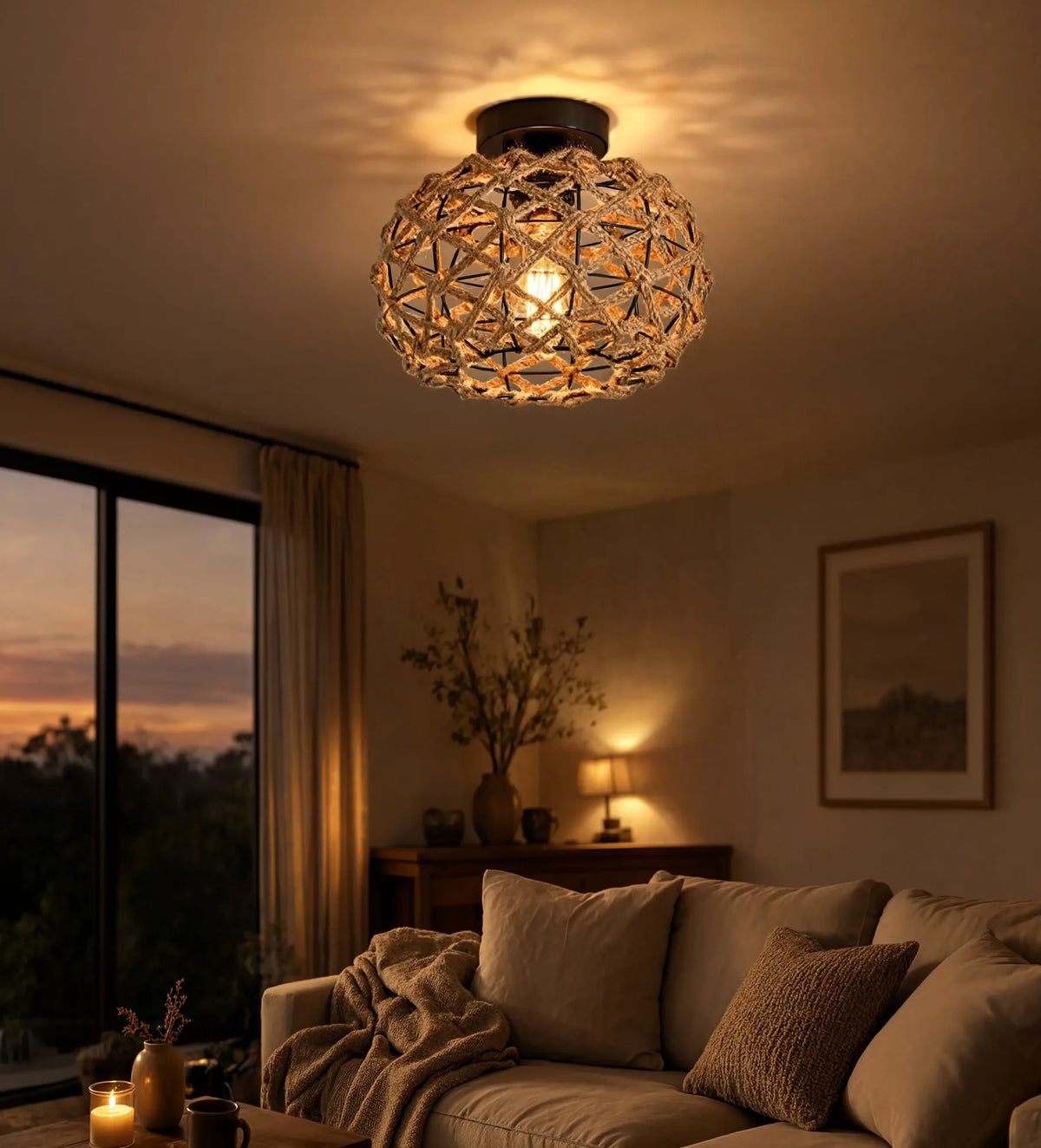 Symi knotted hemp rope dome ceiling light on a black steel frame – shown in a living room
