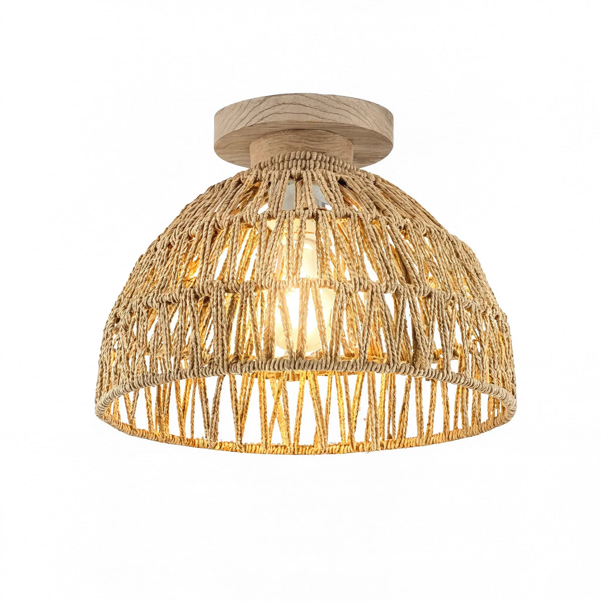 Skyros crocheted jute rope dome ceiling light with a wooden canopy
