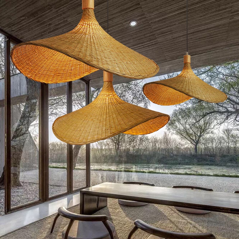 Round handmade rattan, bamboo and wicker ceiling light – shown in a room setting (3)