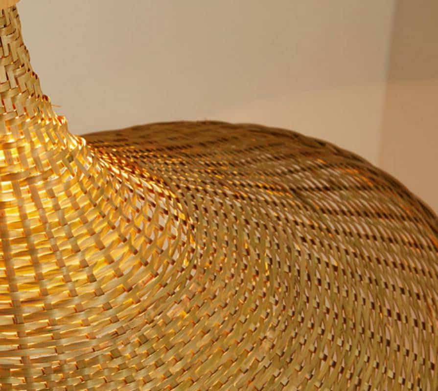 Round handmade rattan, bamboo and wicker ceiling light – close-up detail