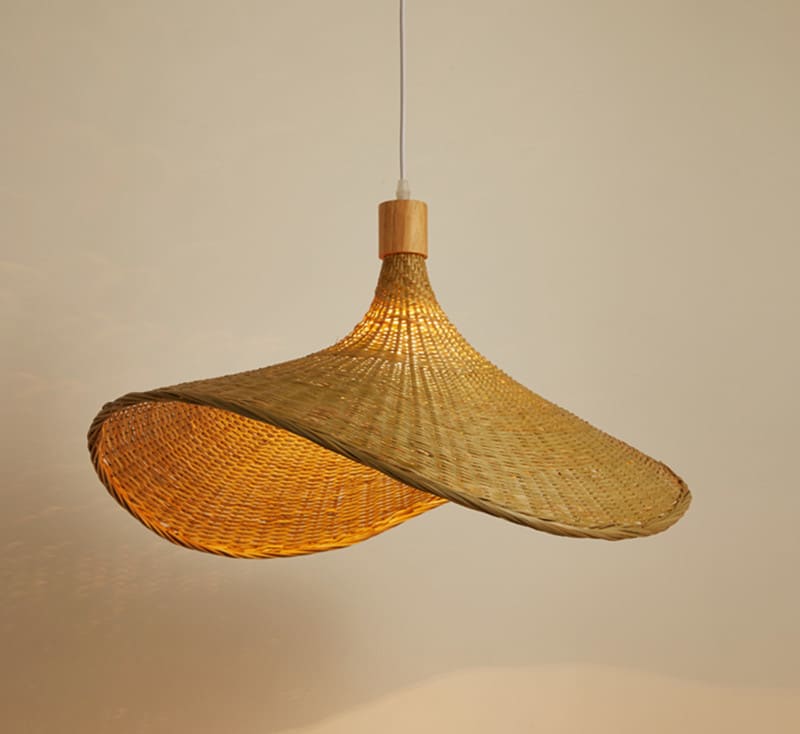 Round handmade rattan, bamboo and wicker ceiling light – XS variant, shown lit