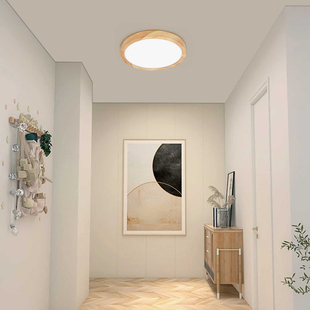 Round wood-look LED ceiling light on a discreet metal frame – shown lit in a room setting (2)