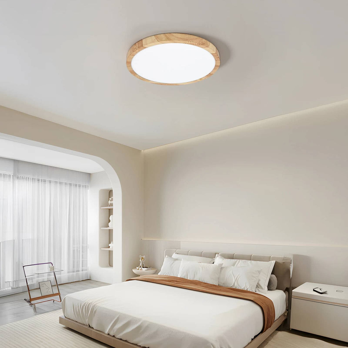 Round wood-look LED ceiling light on a discreet metal frame – shown lit in a room setting
