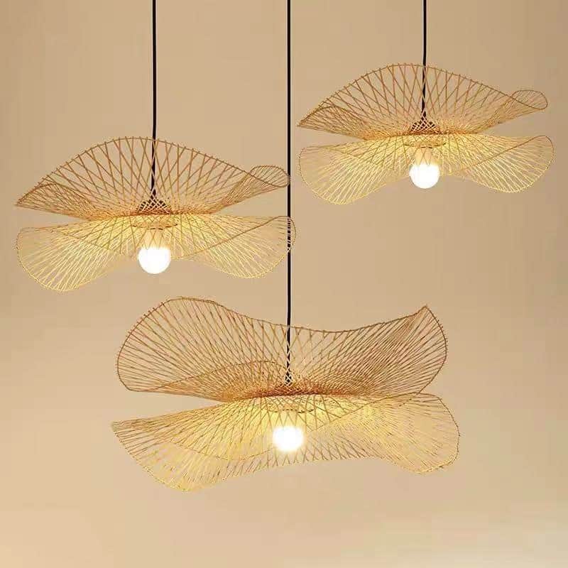 Handwoven spiral bamboo and rattan ceiling light – multiple views