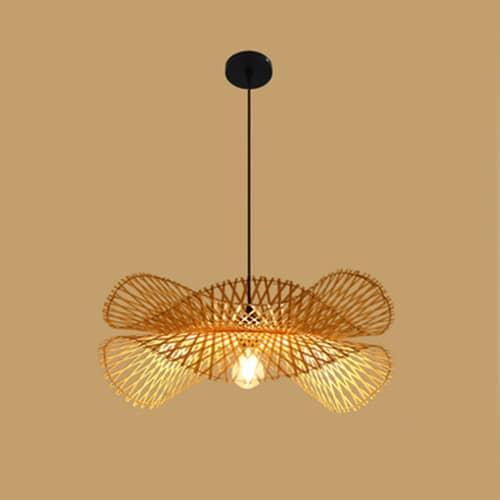 Handwoven spiral bamboo and rattan ceiling light – shown lit (2)