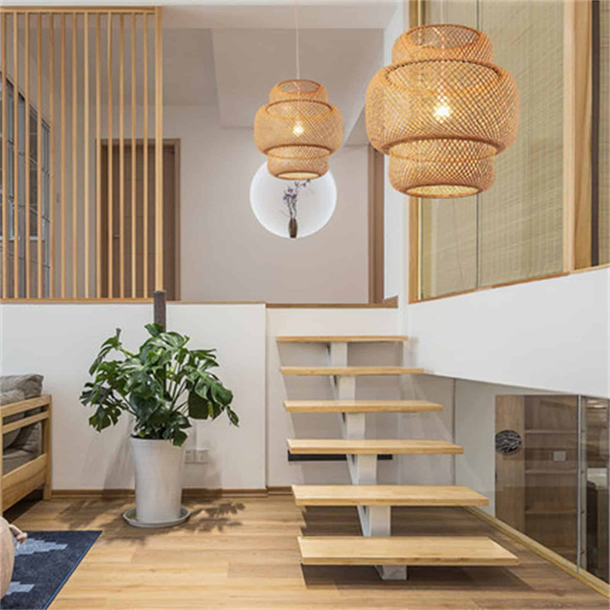 Modern handwoven honey bamboo ceiling light with a tight weave – shown in a room setting (3)