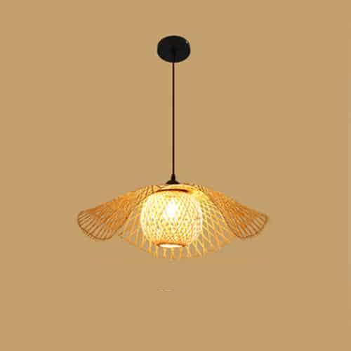 Tropical handwoven rattan ceiling light with a circular weave – M variant, shown lit