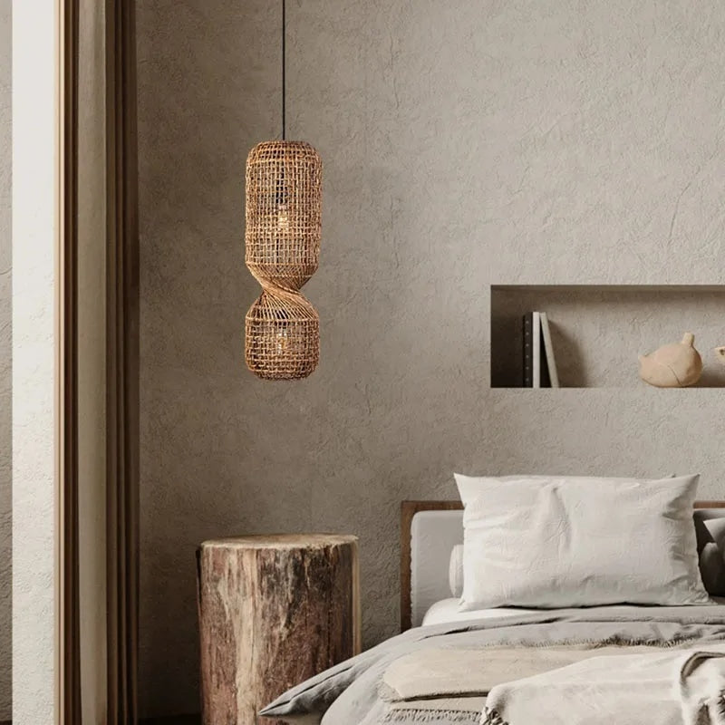 Vintage hand-braided rattan crown LED ceiling light with an iron frame – shown in a room setting