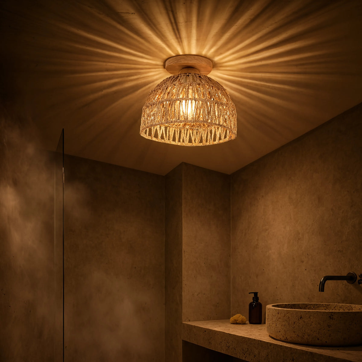 Skyros crocheted jute rope dome ceiling light with a wooden canopy – shown in a bathroom