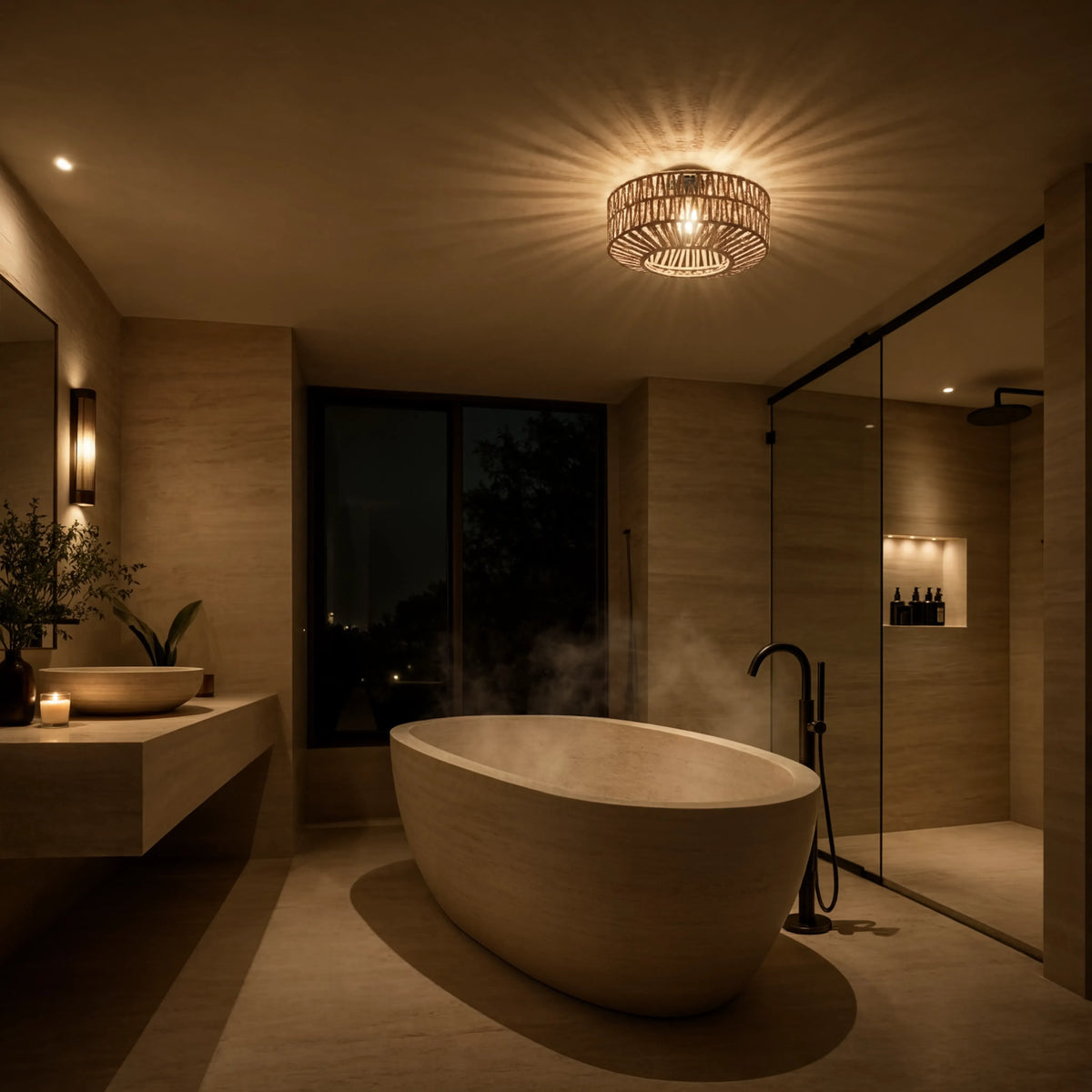 Lindos braided rope semi-flush ceiling light on a black steel frame – shown in a bathroom