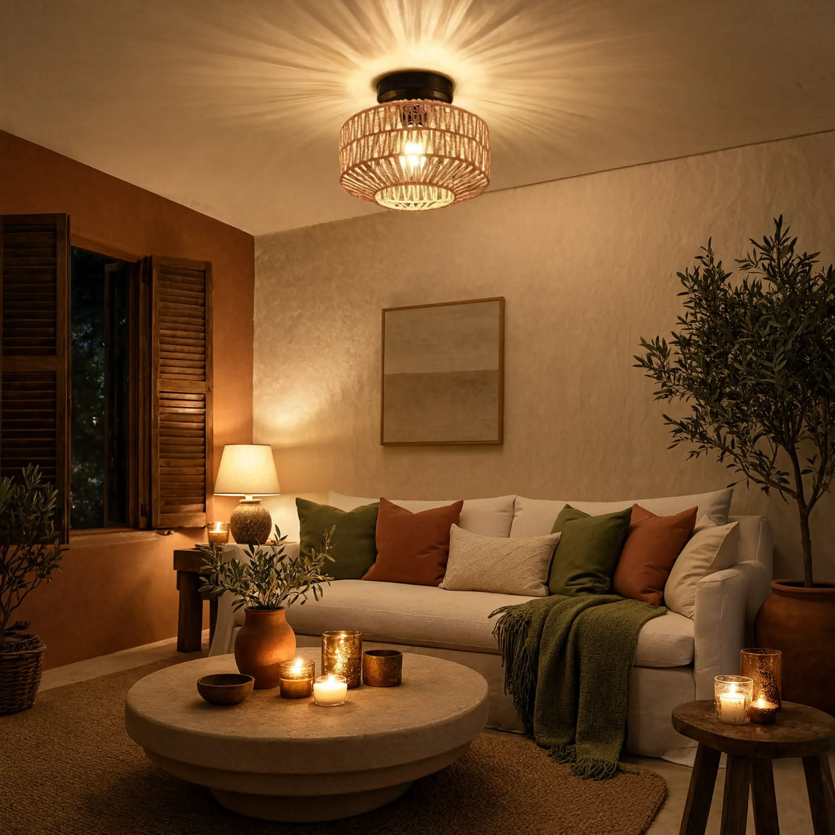Lindos braided rope semi-flush ceiling light on a black steel frame – shown in a living room (2)
