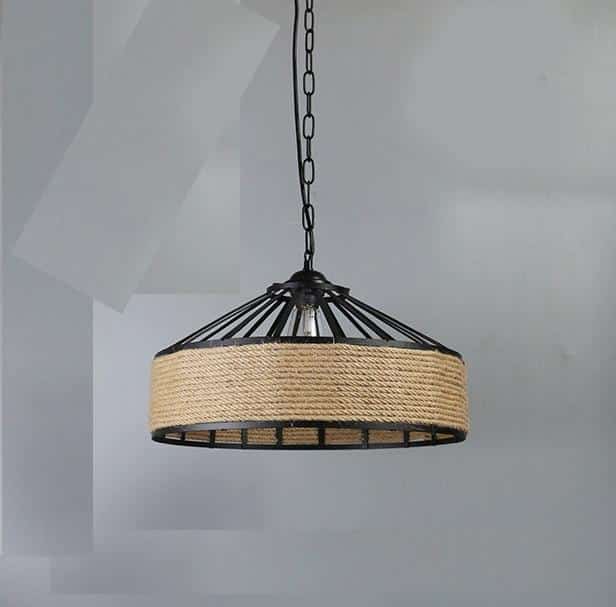 Industrial black frame rattan pendant light hung on a chain