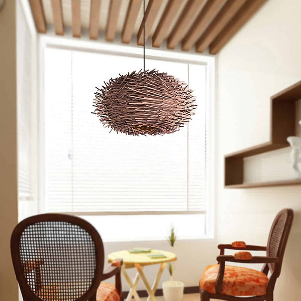 Rustic round handwoven rattan pendant light – brown variant, shown in a room setting