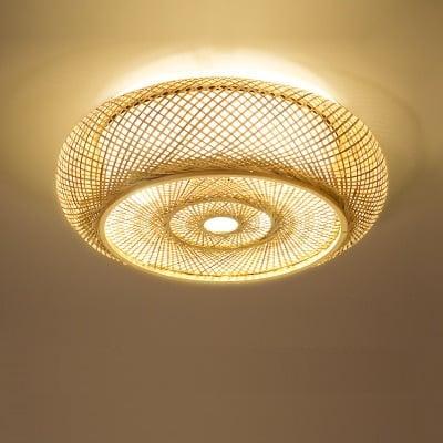 Open-weave hanging rattan ceiling light – S variant, close-up detail, lit