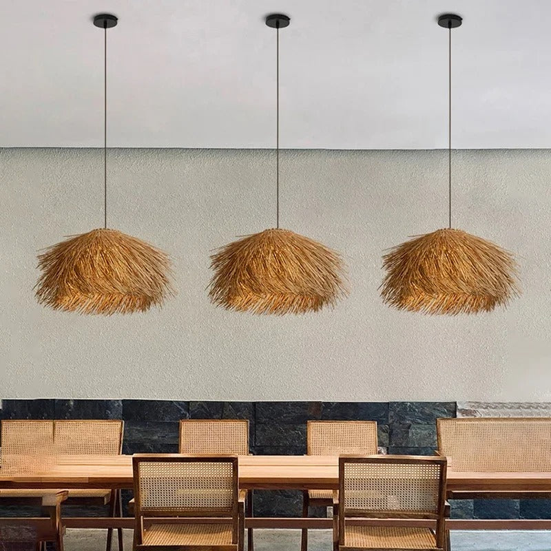 Modern round natural wicker ceiling light – shown in a room setting
