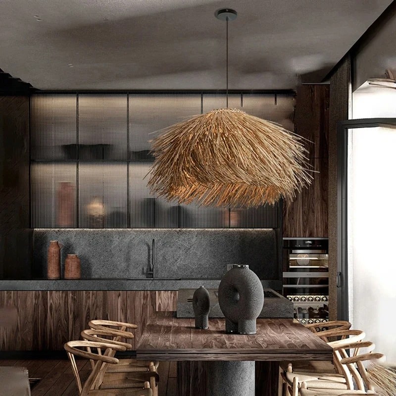 Modern round natural wicker ceiling light – shown in a room setting (4)