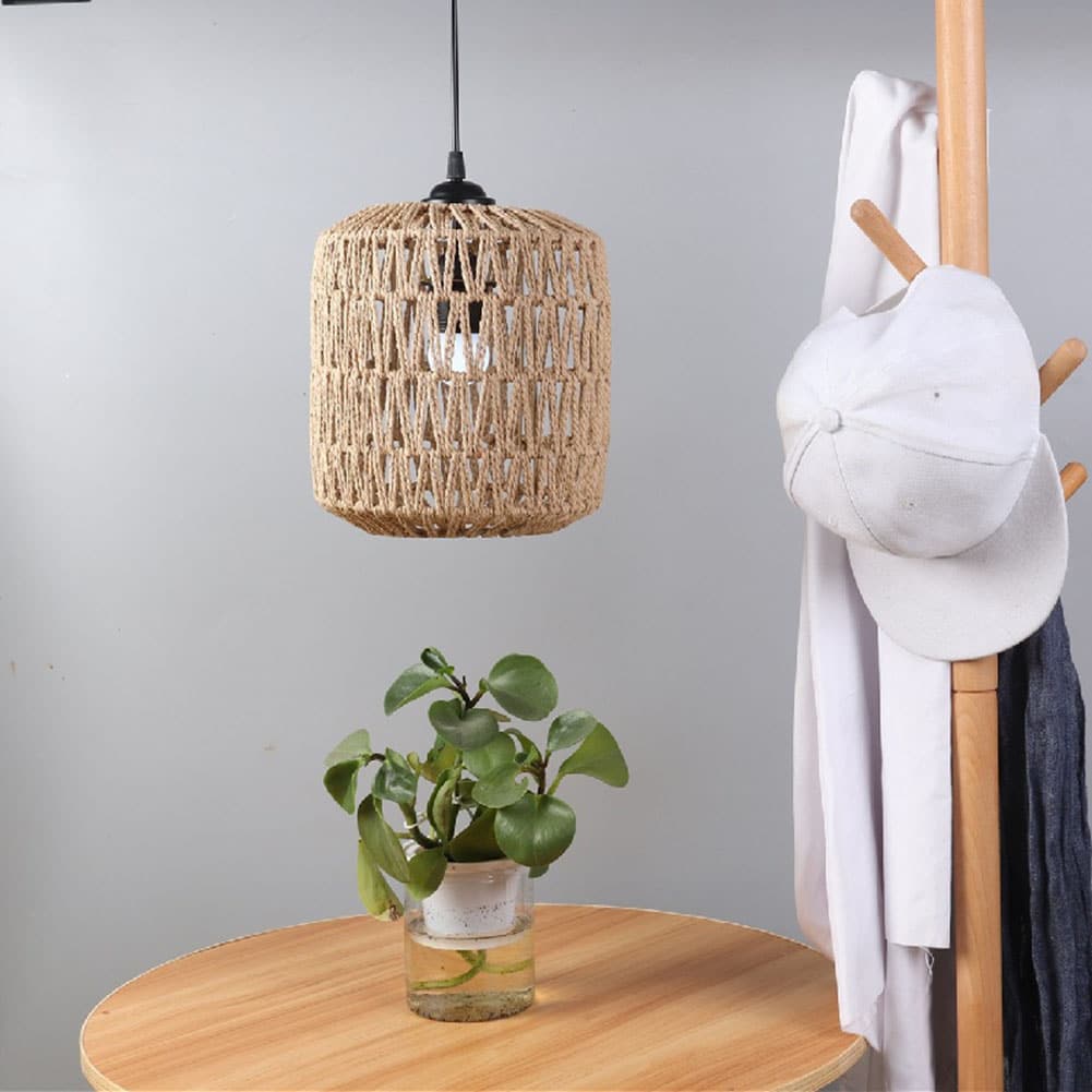 Vintage handwoven rattan hanging light – shown in a room setting (2)