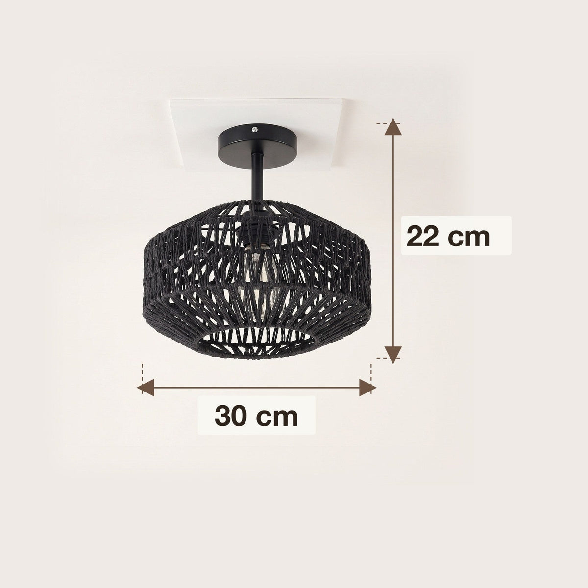 Black woven paper rope drum flush mount light on a black metal base – dimensions diagram