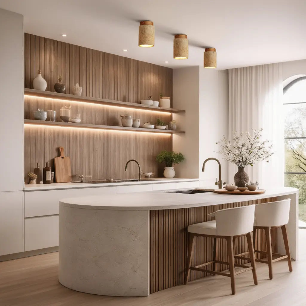 Tivoli tall travertine cylinder ceiling light with a wood disc – shown in a kitchen