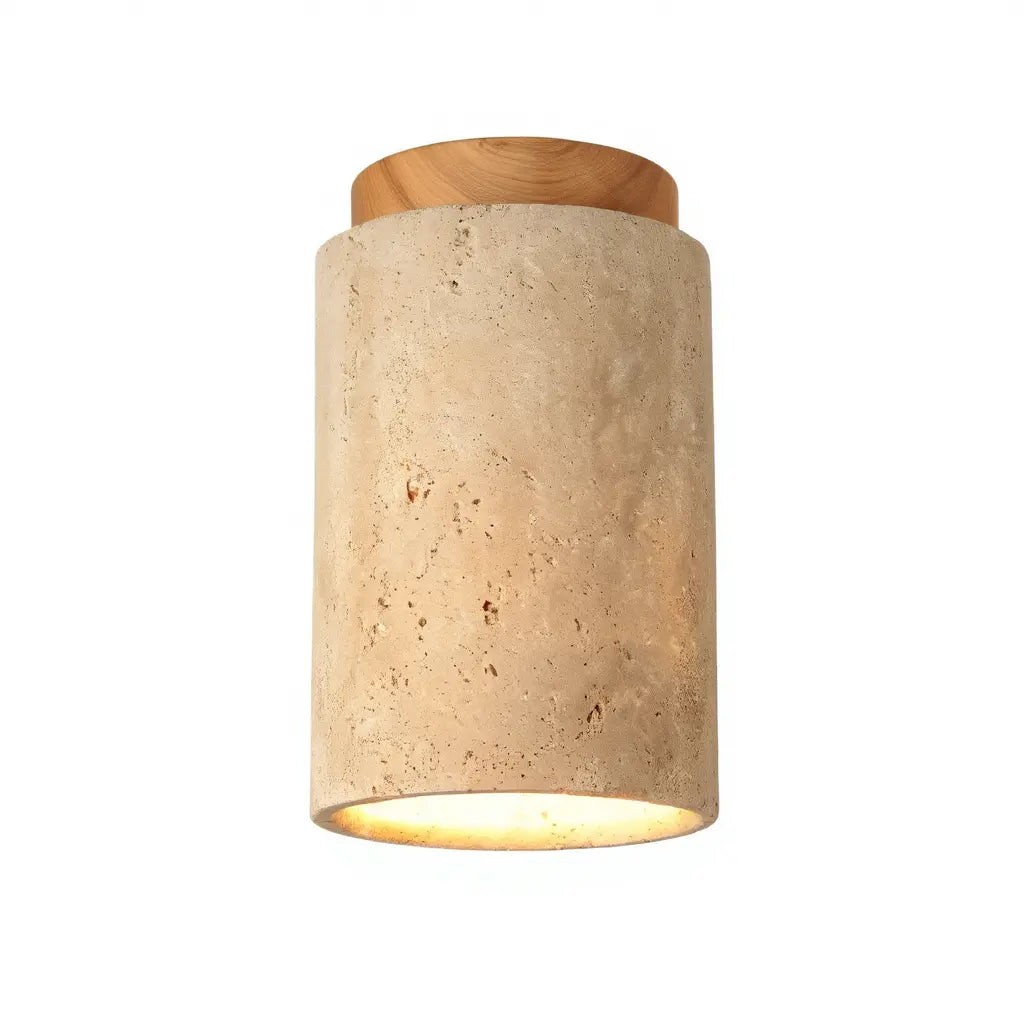 Tivoli tall travertine cylinder ceiling light with a wood disc – light wood variant