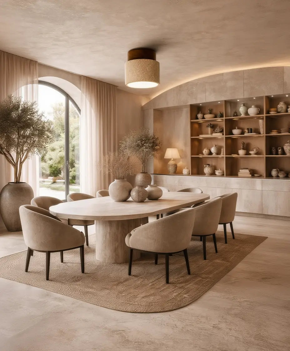 Otium travertine cylinder flush mount light with a wood crown – shown in a living room (2)